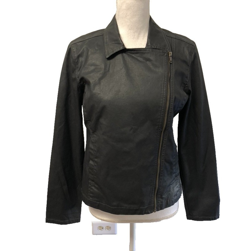 Eileen Fisher Faux Leather Moto Jacket Womens Small Black Organic Cotton Classic